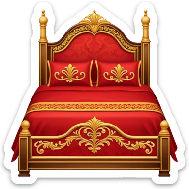 bed with red and gold sheets, wooden sticker