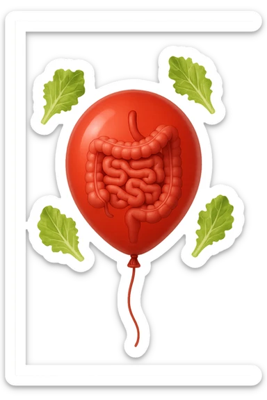 intestino chiuso in un palloncino rosso e foglie di insalata che fluttuano intorno sticker