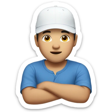 A handsome Asian boy wearing a blue short sleeve shirt and a white cap hat upside down sticker