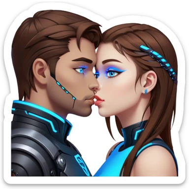 Neon cyberpunk style 
girl with brown hair and blue eyes kiss man sticker