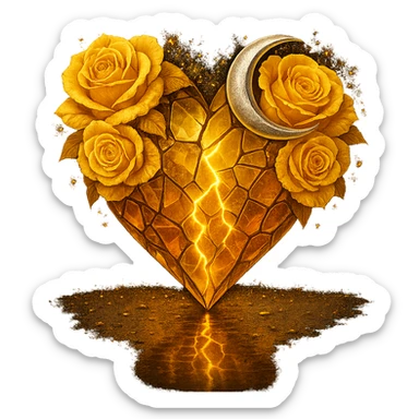 Edit the gothic heart to be formed from splintered deep yellow glass, a silver crescent moon, yellow roses, sparkling holographic stardust, neon lightning, and a wet, reflective surface. Keep the background transparent. The style should maintain the gothic heart's original aesthetic with these new elements. sticker