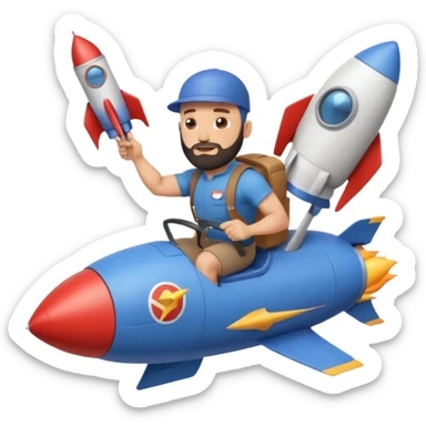 Bald muscular guy with beard and backwards cap, riding rocket, holding Instagram logo, papers trailing behind, minimal style sticker