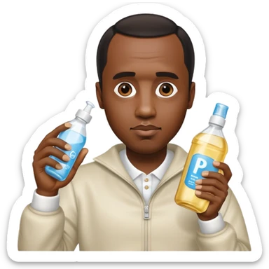 P Diddy aka Sean Combs holding baby oil sticker