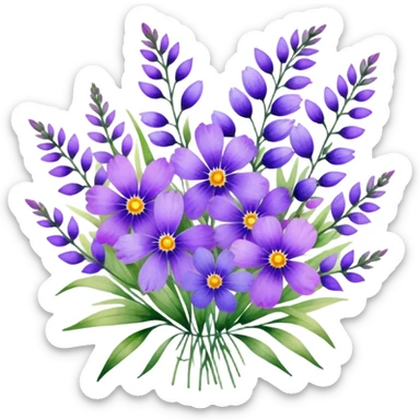 "A lush bouquet of purple wildflowers with a watercolor texture."
 sticker