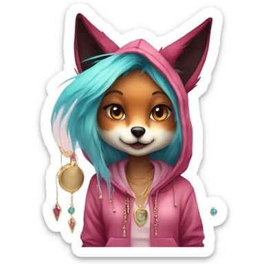 Pink magenta burgundy maroon cyan beige fox wearing a pink hoodie with gold jewellery gold piercings gold ear piercing gold nose piercing vintage watercolour tie dye black raven wings sticker