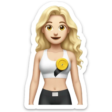 Woman, white skin, pale skin, long hair, blonde hair, wavy hair, standing, sports bra, leggings, tape measure wrapped around waste sticker