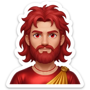 Hephaestus  from Greek Mythology with red eyes, red hair, red metallic shirt, burnt orange metallic baggy pants, red necklace sticker