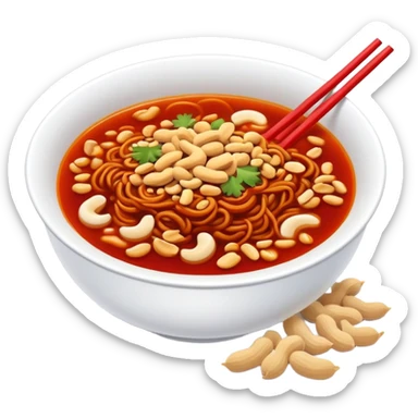 Chongqing Xiaomian with red spicy broth and peanuts, simplified emoji style with bold outlines and bright colors, cartoon style hot Sichuan street noodles sticker