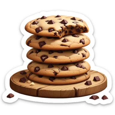 Cinematic crunchy chocolate chip cookies, freshly baked, golden-brown with gooey melted chocolate chunks, stacked on a rustic wooden plate, soft warm lighting, cozy and delicious. sticker