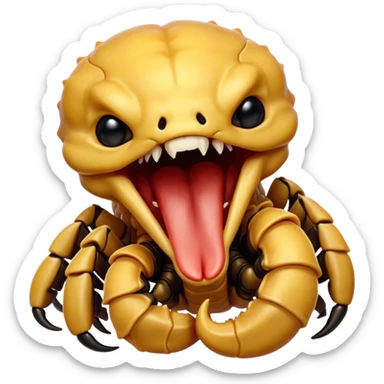 Cinematic Cute Yawning Emperor Scorpion Portrait Emoji, Head tilted slightly with a dramatic, wide-open yawn, showcasing a soft, textured exoskeleton with subtly drooping pincers and half-closed eyes in drowsy contentment, Simplified yet irresistibly adorable features, highly detailed, glowing with a soft, cozy glow, high shine, relaxed yet expressive, stylized with a dash of desert charm, soft glowing outline, capturing the essence of a sleepy yet affectionate scorpion that seems ready to stretch out for a nap! sticker