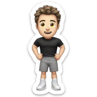 amazed Open with surprise mouth Pale skinned Fit Man With the biceps and dark brown hair in black shirt, gray sports shorts and white Sneakers sticker