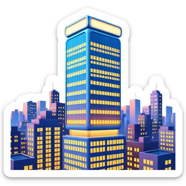 A 3D cartoon city billboard mounted on a tall building, glowing lights at dusk, realistic reflections, Memoji-style. sticker