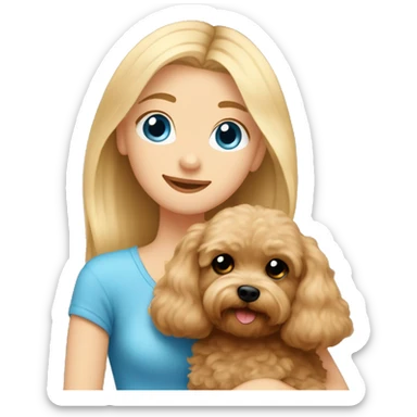 Blonde girl with long straight hair and blue eyes is hugging a small brown maltipoo sticker