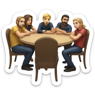 6 Caucasian people sitting around a table looking unhappy sticker