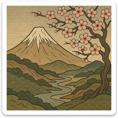 ukiyo-e style illustration of a mountain landscape with cherry blossoms sticker