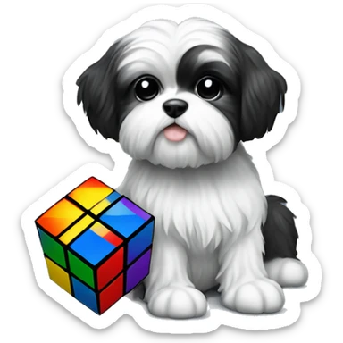 Black white Shitzu with a Rubik’s cube sticker