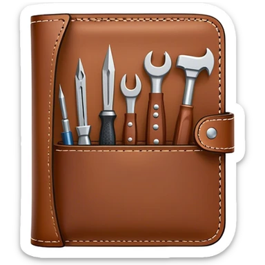 Leatherworking icon, piece of raw leather being crafted into a leather wallet or belt, professional tools like leather stitching awl, edge beveler, hammer, prying tool, minimalistic style, clean lines, transparent background. sticker