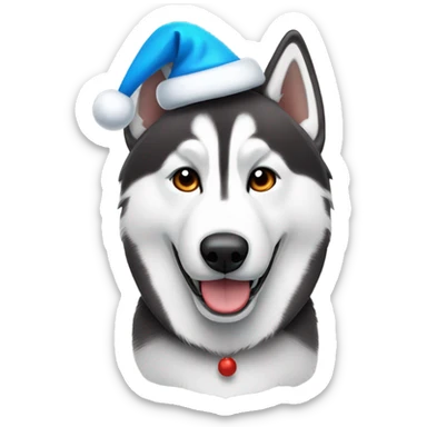Husky wearing Santa hat with one brown and one blue eye sticker