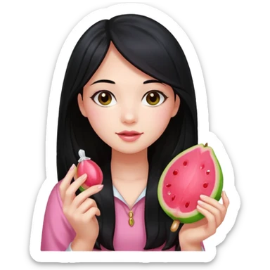 A girl with long black hair holding a piece of guava hard candy sticker