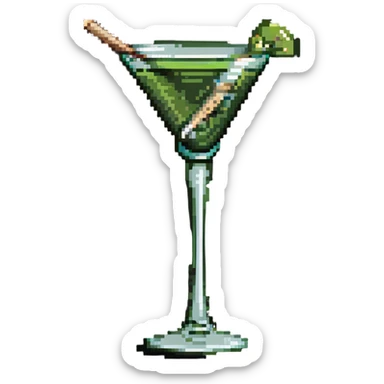 simple martini glass with colorless liquid, just showing glass outline with minimal liquid representation, green olive on toothpick at bottom sticker
