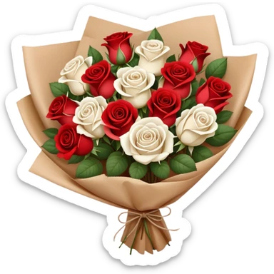 white and red roses bouquet in brown paper sticker