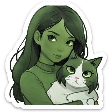 Black long hair makeup girl hug grey white cat  sticker