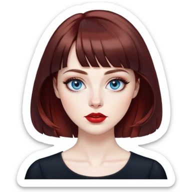 Artistic woman with pale skin, oval face, large blue eyes with eyeliner, thin eyebrows, small nose, red lipstick, dark auburn hair with bangs and slight waves, wearing a stylish black top, creative expression sticker