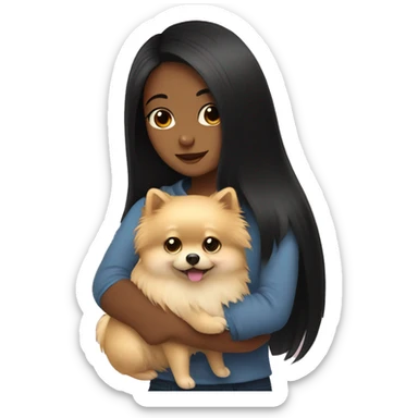 Girl hugging pomeranian. The girl has black hair. sticker