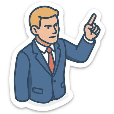 Confident male leader, Caucasian, short neat blonde hair, sharp eyes, indigo jacket, one arm raised gicing direction, waist-up, front-facing sticker