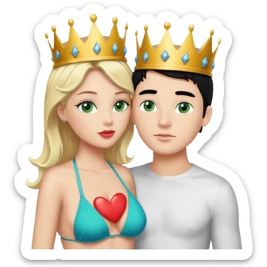 Blonde Queen with crownGreen eyes in Bikini kissing Male subject without crown black hair blue eyes Background sky sticker