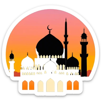 Andalusia style Islamic mosque building silhouette with a sunset behind it  sticker