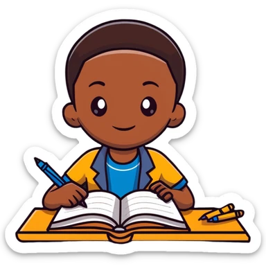 African boy student with brown skin writing with book and pen sticker