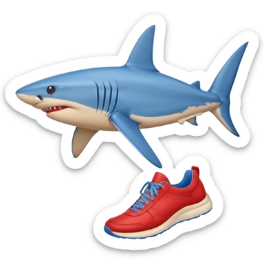 A blue shark with blue human legs and red sneakers sticker