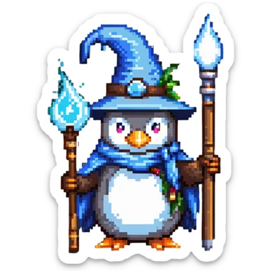 penguin wizard with a pointy hat and magic staff sticker