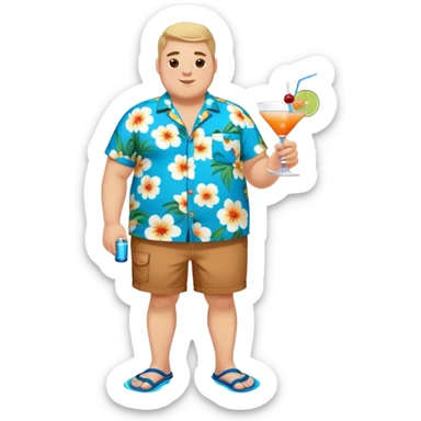 chubby guy full figure in a flowered azure havai shirt, brown shorts and flippers holding a cocktail sticker
