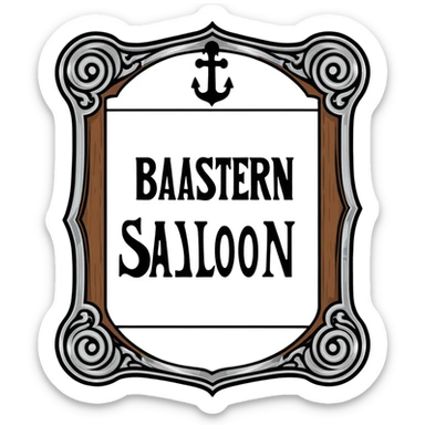 connected BLK letters in western saloon font style with silver outline, old west typography, black text with ornate silver frame sticker