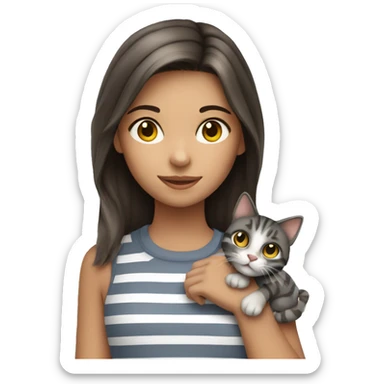 Young brunette girl holding gray striped cat  sticker