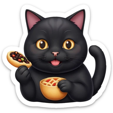 generate a funny black cat who loves to eat and have fun sticker