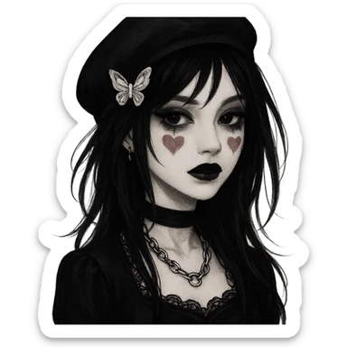 emo girl with beret, heart-shaped blush, butterfly hair clip, mysterious and elegant sticker