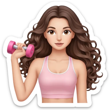 beautiful brunette with a light balayage white girl with nice defined and long curls , very long hair, clean girl makeup STRETCHING HER BODY IN LIGHT PINK GYM sticker