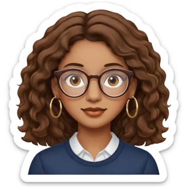 Women brown eye and brown mi-long wave hair with glasses and circle earing sticker