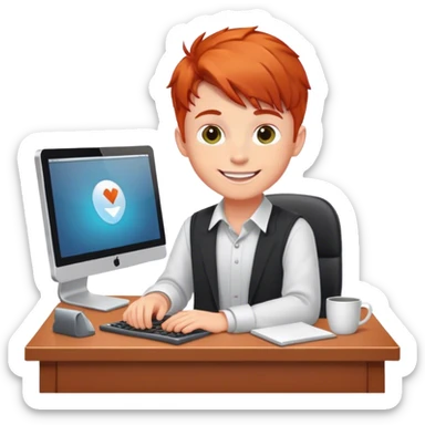 Redhead programmer boy sitting at a desk and smiling sticker