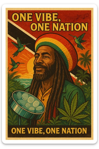 Create a vibrant digital illustration in vintage poster style featuring a proud Trinidadian Rasta man with long dreadlocks and a bold red, gold, and green tam. The background should incorporate the Trinidad and Tobago flag in a stylized, textured way — using deep red, black, and white tones that blend with tropical elements. Surround the figure with iconic cultural symbols like steelpan drums, ganja leaves, and hummingbirds in flight. Add warm Caribbean sunlight, ocean waves, and lush greenery to enhance the island energy. The Rasta man should radiate peace, power, and island wisdom — with bold facial features, calm expression, and a sense of spiritual presence. The overall tone should be rootsy, regal, and rich with island soul — merging reggae culture with Trinidadian pride. Optional accents: subtle soca rhythm lines in the background or a quote like “One Vibe, One Nation.” sticker