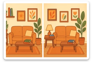 A friendly, clear, and visually engaging general-style illustration of a cozy room interior featuring a sofa, table, lamp, books, plants, and wall art. The scene is designed for a 'find the three differences' quiz, with distinct and interesting details to spot differences. sticker