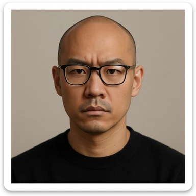 Asian man with shaved head and glasses, serious look, plain background sticker