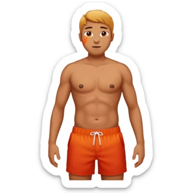 Emoji-style person in beach shorts with sunburned shoulders and chest - the chest and stomach should be white, the rest of the skin should be very red - very sunburned.  sticker