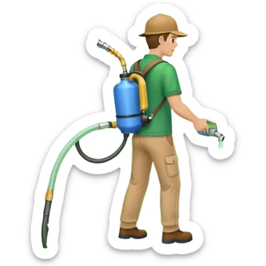 man with a emerald green shirt and tan pants on with backpack chemical sprayer on his back with the hose in his hand pointed downwards at bright green grass sticker