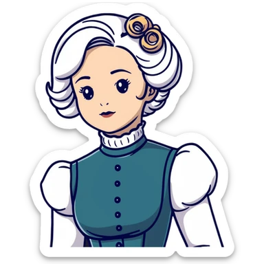 Victorian woman with white coiffed hair, modest turtleneck Victorian dress, and an awestruck expression sticker