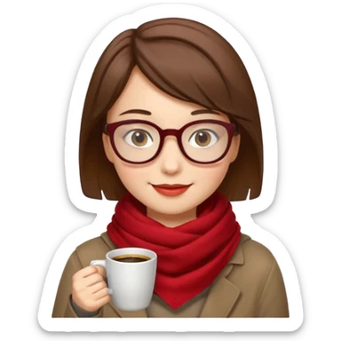 a girl with brown short hair, having red scarf, wearing glasses, drink coffee, enjoy sticker
