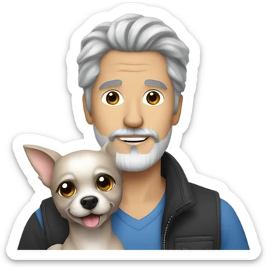 Handsome man, with blue eyes, grey hair, and grey goatee beard, holding a long haired black chihuahua sticker